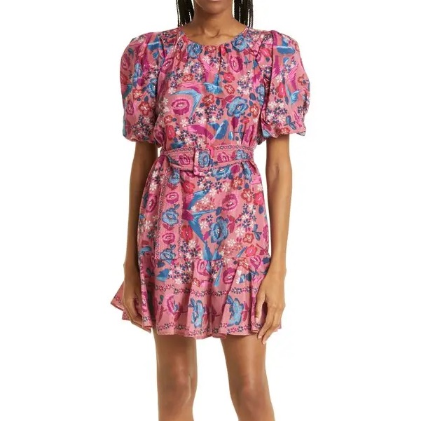 Farm Rio Pink And Blue Ruffled Puff Sleeve Mini Dress
